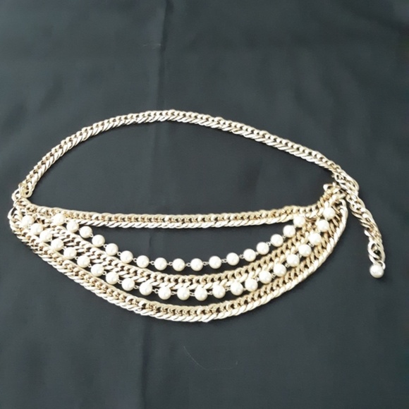 Chain Link and Faux Pearl Multi strand Belt